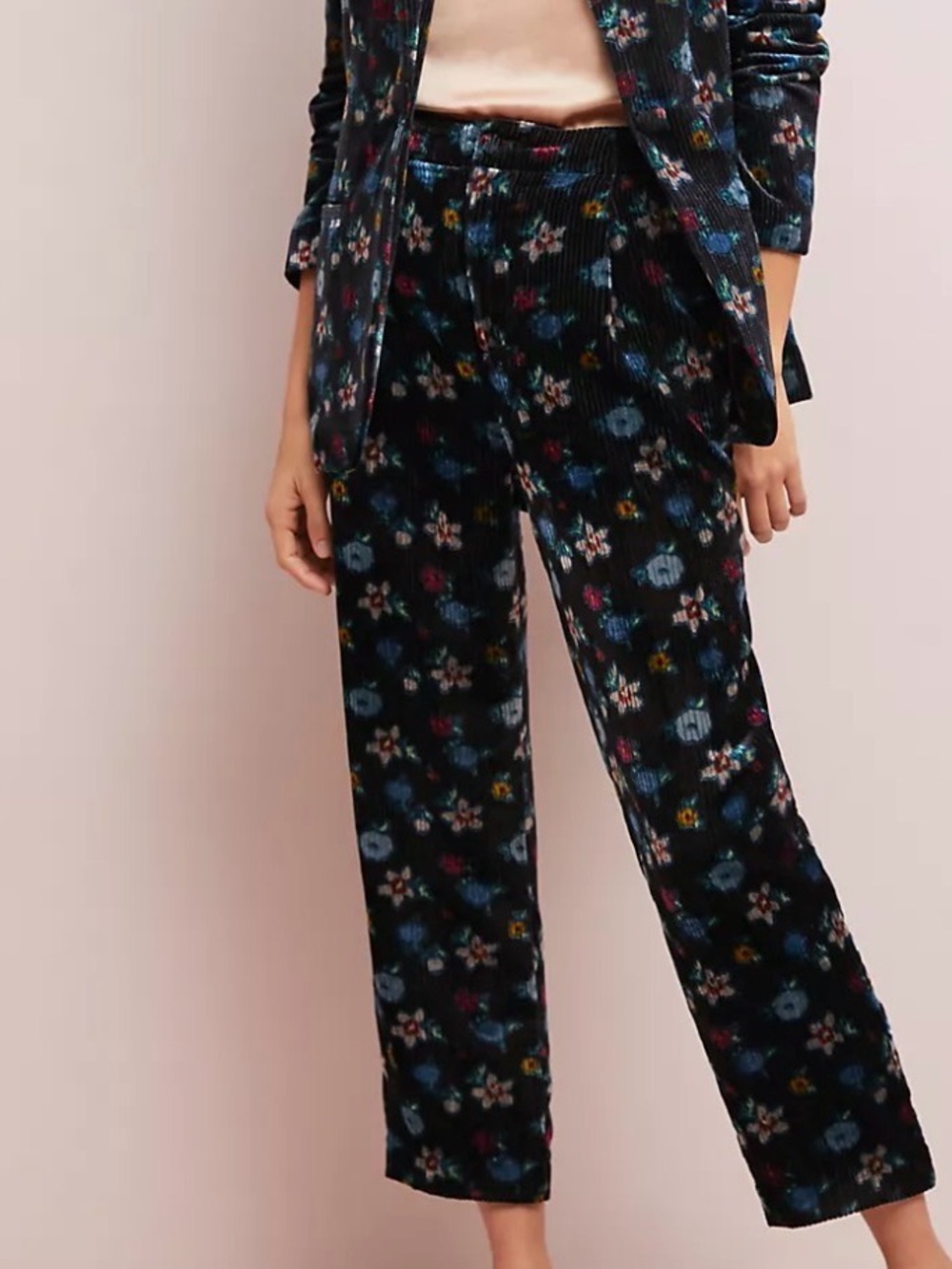 Anthropologie Ett:Twa Blooming Velvet Pants XS Floral Black Cropped Trousers